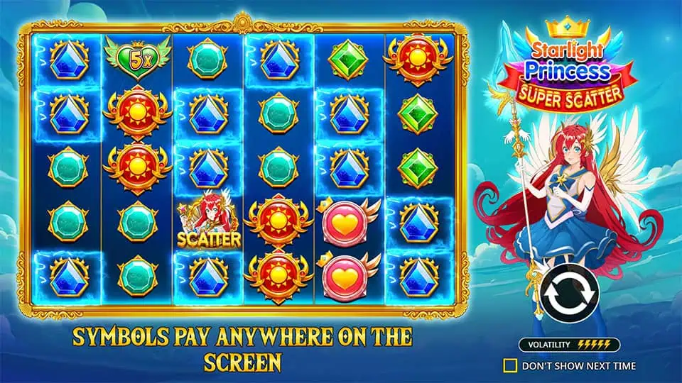 Starlight Princess Super Scatter intro with scatter symbols, paylines, and volatility meter shown.