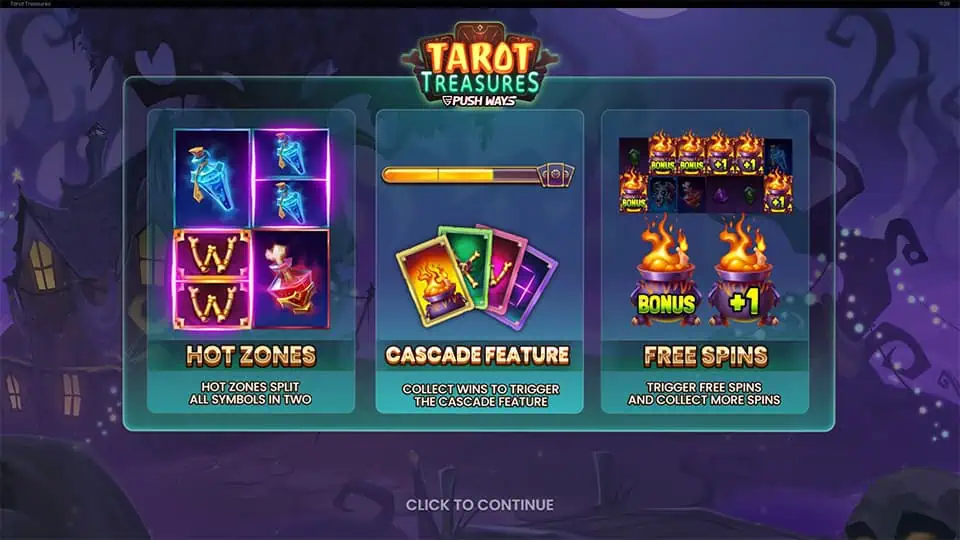 Tarot Treasures slot intro screen 1