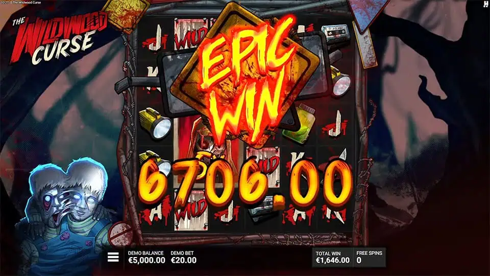 Flaming “Epic Win” banner across the reels with sinister background art and eerie characters emerging from the shadows.