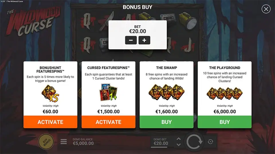 Bonus buy menu displaying different feature buy choices, including guaranteed cursed clusters, free spins variations, and enhanced bonus chances.
