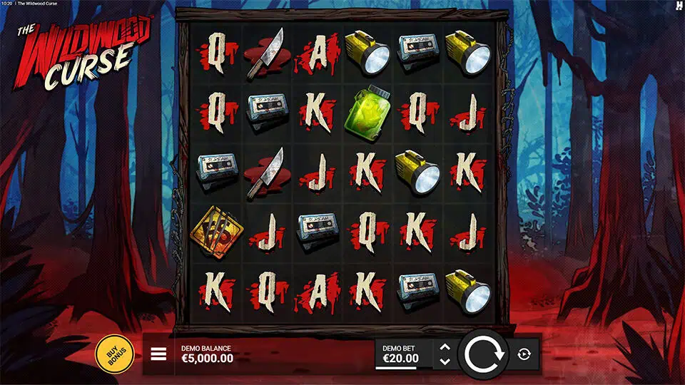 Main game screen with reels featuring knives, radios, flashlights, and cursed objects in a blood-red forest.