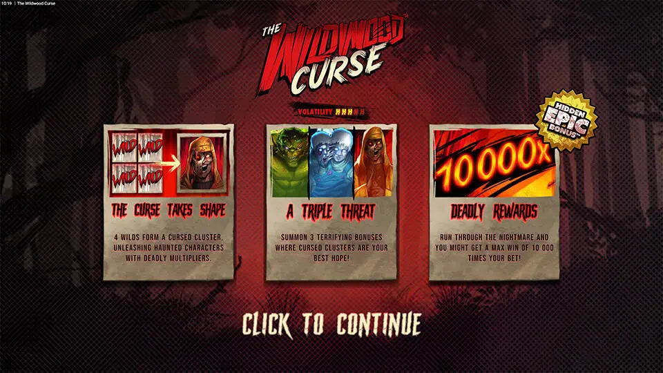 Intro screen with The Wildwood Curse logo and explanations of key features: Cursed Wild clusters, three monster bonuses, and deadly reward potential.