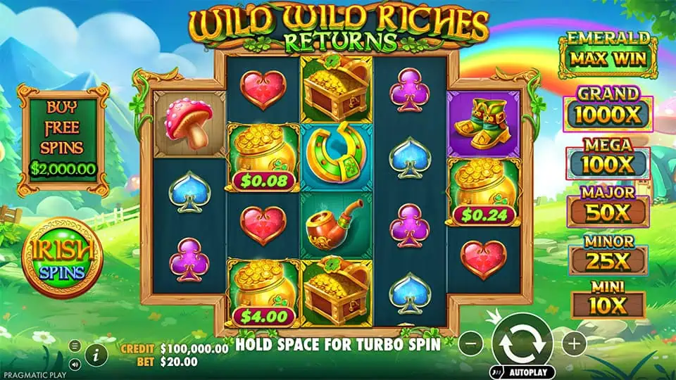 Reels filled with coins, mushrooms, hearts, pipes, and clover-themed money symbols on a sunny village scene.