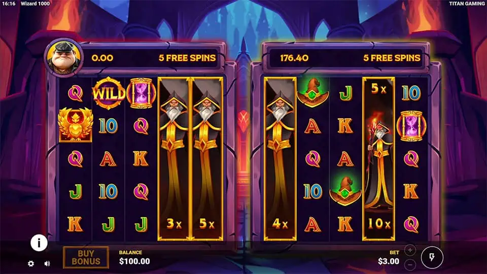 Gameplay during free spins showing stacked wizard wild reels with multipliers applied across the grid.