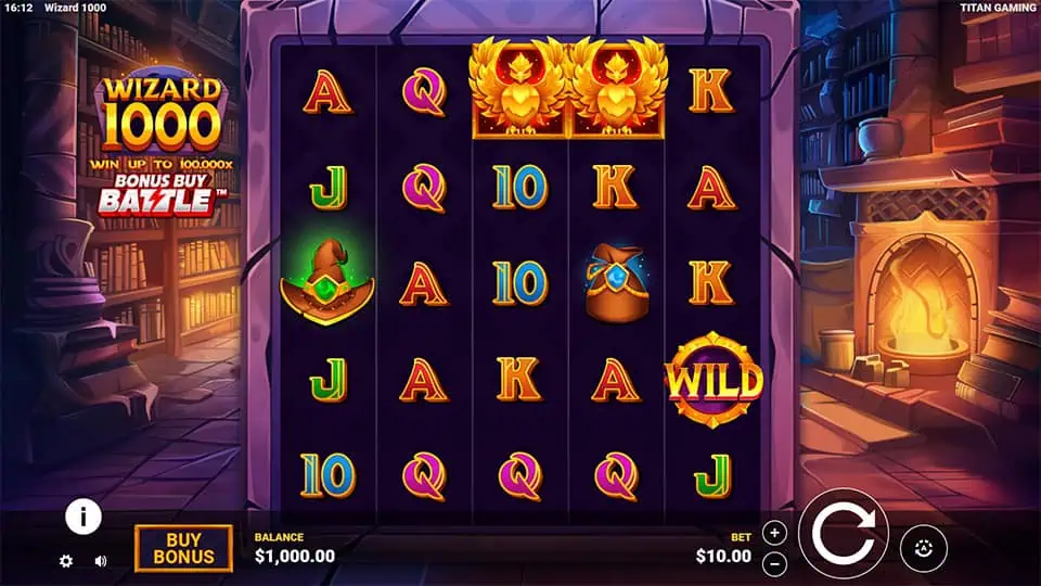Main reels of Wizard 1000 slot featuring hats, potion bags, phoenix icons, and wild symbols inside a wizard’s study with fireplace.