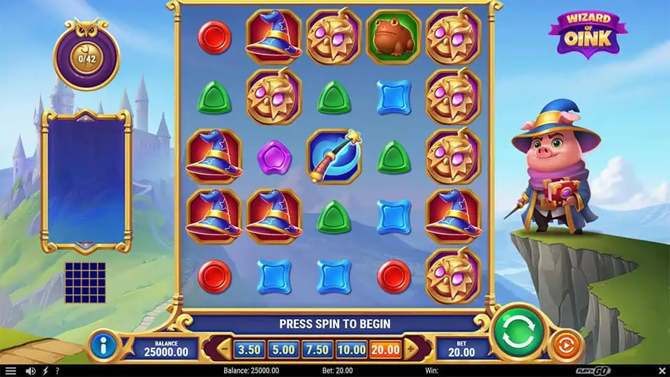 Main game screen showing reels with wizard hats, magic wands, potion bottles, and gemstone symbols, with the wizard pig standing on a cliff.