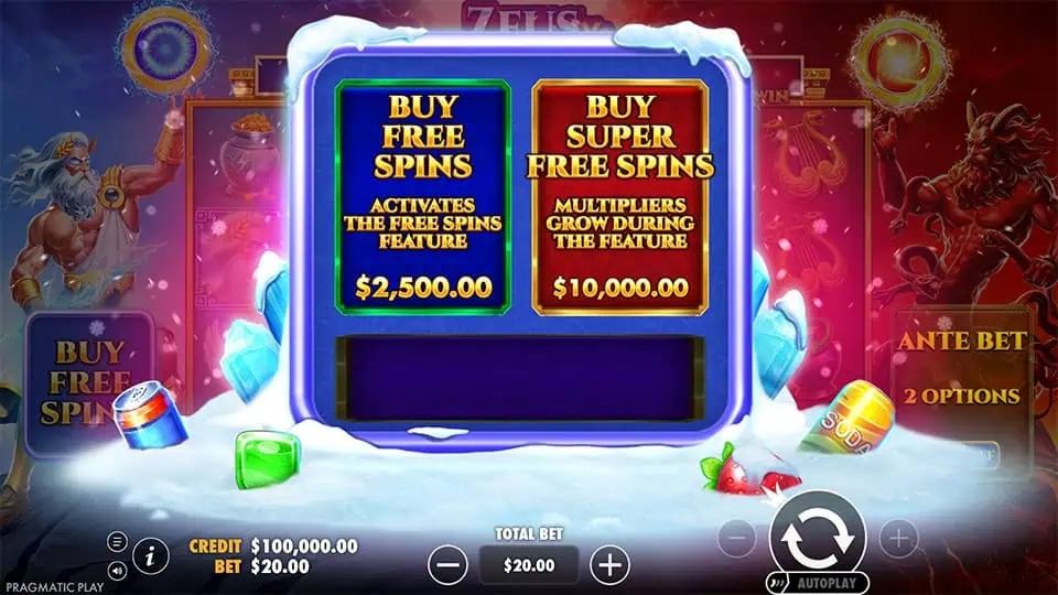 Bonus buy screen offering Free Spins and Super Free Spins with snow-covered menu design.