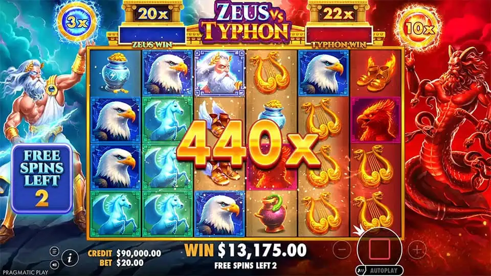 Free spins round with 440x total multiplier from Zeus and Typhon sides shown in the center of the reels.