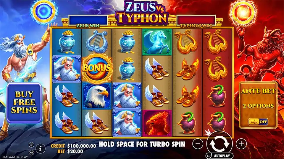 Reels packed with Zeus, Typhon, eagles, sandals, jars, and bonus scatter symbol in a split elemental theme.