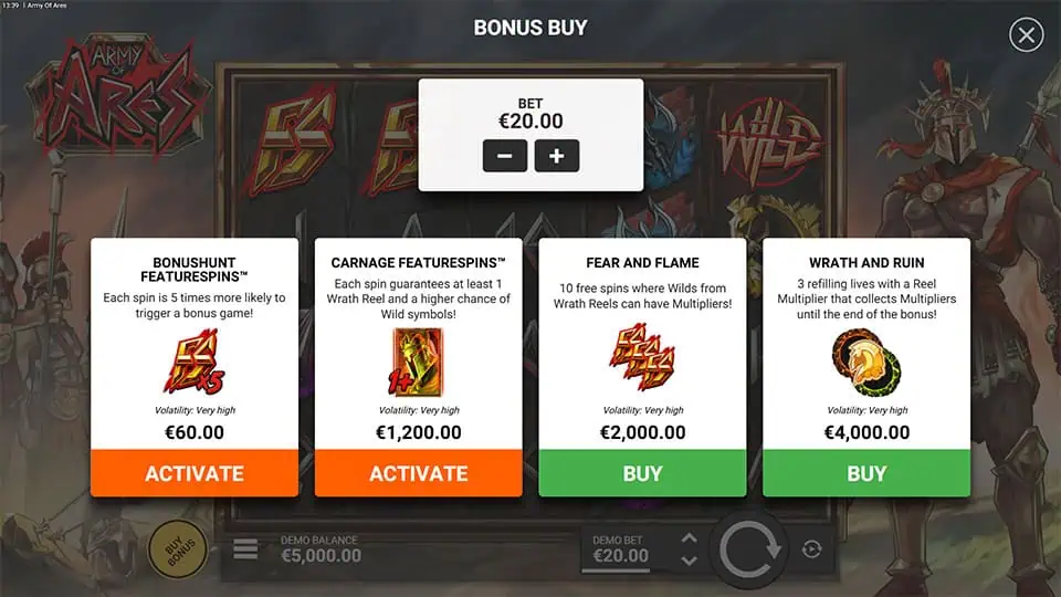 Army of Ares slot bonus buy menu with four options: Bonushunt, Carnage, Fear and Flame, and Wrath and Ruin.