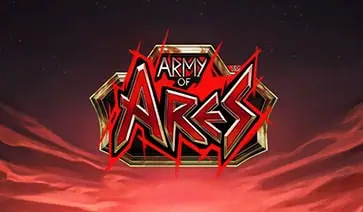 Army of Ares slot logo displayed above a crimson battlefield sky, evoking an epic warlike atmosphere.
