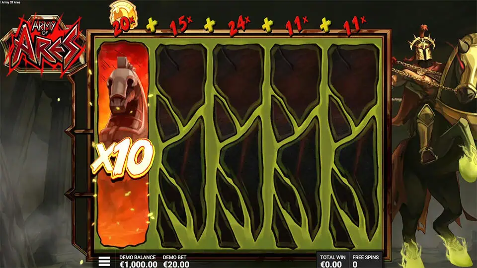 Army of Ares slot Wrath Reel feature showing reel multipliers increasing in value beside a glowing Spartan horse.