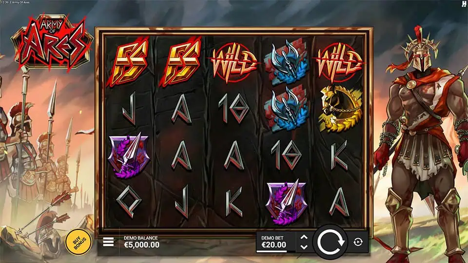 Army of Ares slot reels featuring warrior symbols, Free Spins icons, and Wilds, flanked by Spartan soldiers.