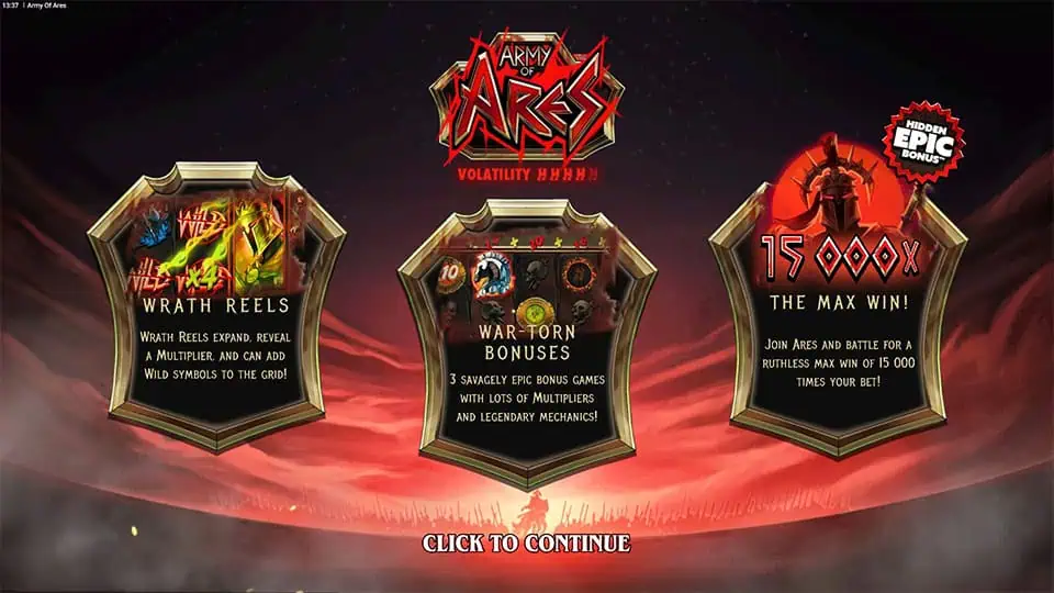 Army of Ares slot introduction showing key features: Wrath Reels, War-Torn Bonuses, and max win up to 15,000x.