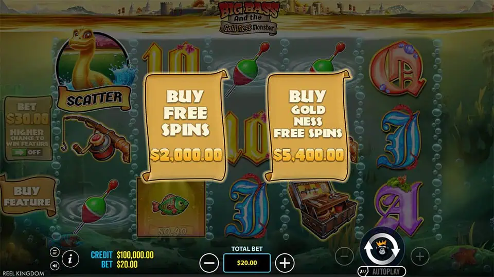 Big Bass and the Gold Ness Monster buy menu offering free spins and golden spins.
