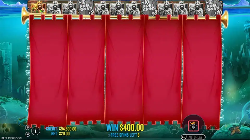 Big Bass and the Gold Ness Monster reels hidden behind red curtain with free spins.