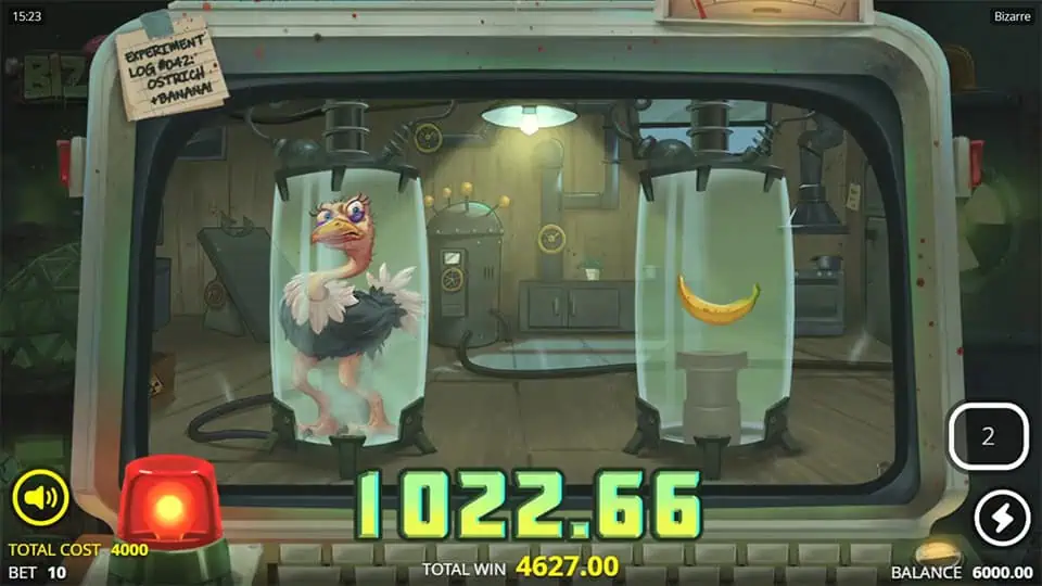 Bizarre slot showing an experiment screen with a banana and ostrich fusion, displaying a win with the amount in green at the bottom.