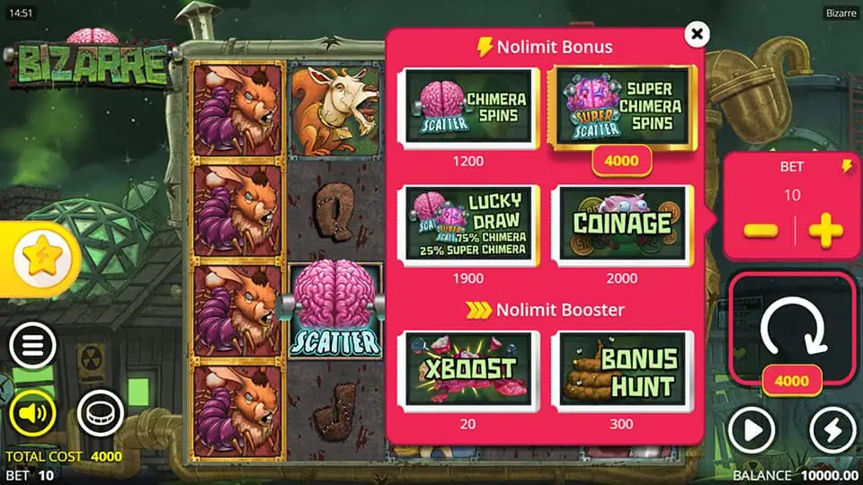 Bizarre slot’s bonus buy menu showing various options such as Chimera Spins, Super Chimera Spins, and boosters like XBoost and Bonus Hunt.