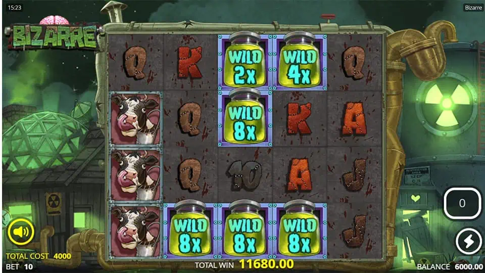 Bizarre slot showcasing glowing green wild jars with multipliers like 8x and 4x across the reels during a feature spin.
