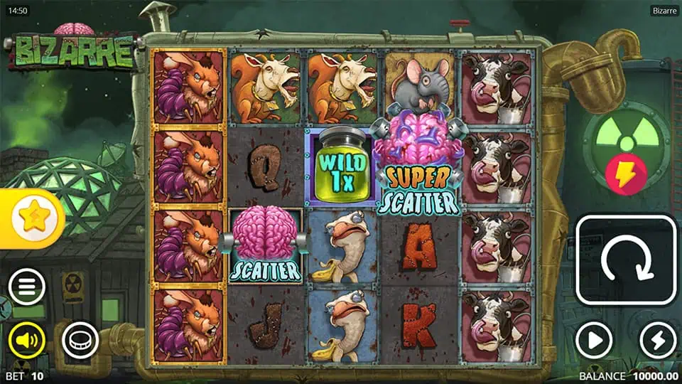 Bizarre slot base game with mutant animal symbols and brain scatter symbols on a 5-reel setup in a toxic lab environment.