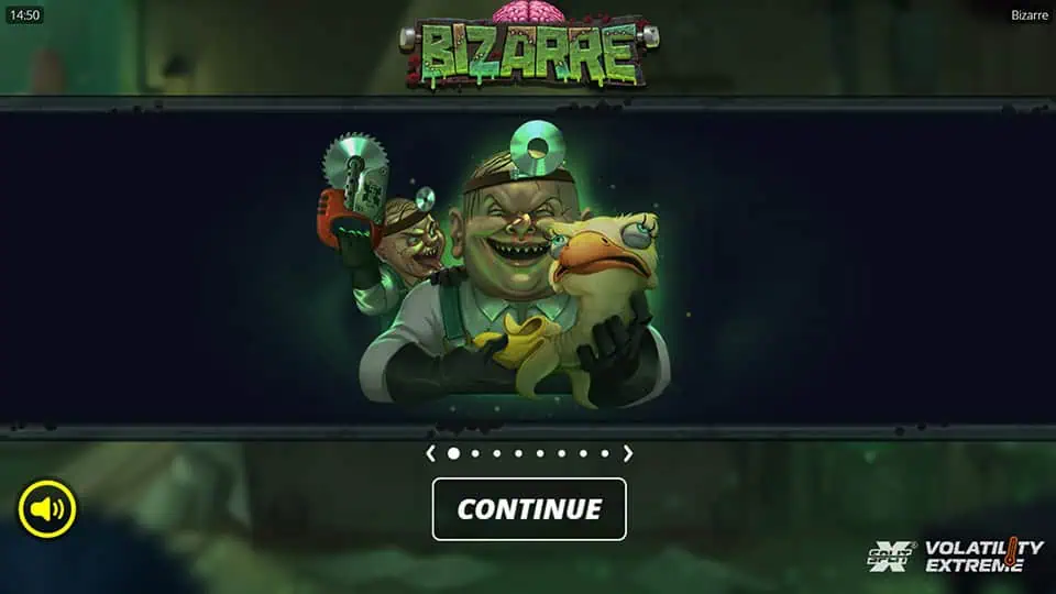 Bizarre slot intro screen featuring a twisted scientist holding a duck and a buzzsaw, with the game’s logo above.