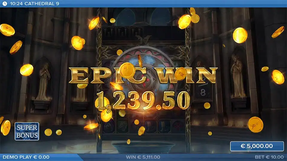 Cathedral 9 slot epic win screen with golden text, flying coins, and cathedral reels glowing in the background.
