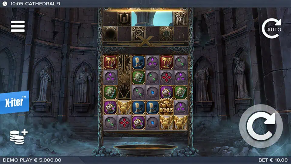 Cathedral 9 slot grid with gemstone symbols, crowns, candles, and bonus icons inside a dark cathedral setting.
