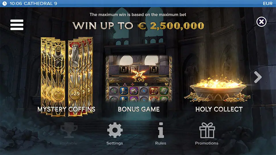 Cathedral 9 slot intro screen showing features like Mystery Coffins, Bonus Game, Holy Collect, and max win details.