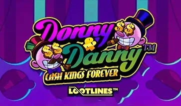 Donny and Danny slot logo with two cartoonish characters wearing top hats and dollar signs over their eyes, set against a vibrant purple curtain background.