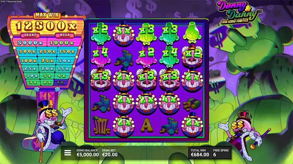 Donny and Danny bonus round screen filled with multiplier symbols and clown heads overlaid with x2, x3, and x4 values representing the Dollar Reels mechanic.