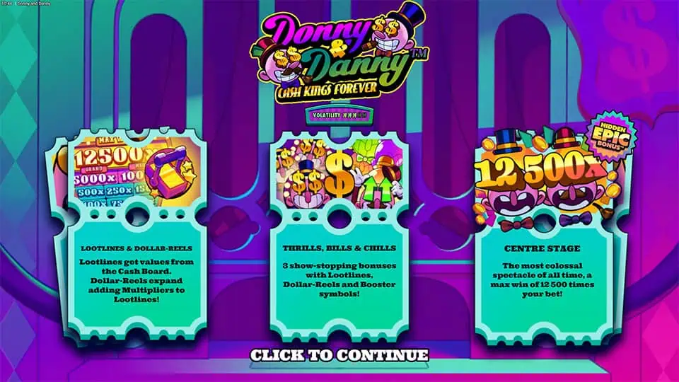 Donny and Danny slot intro explaining features like Lootlines, Dollar Reels, and a max win of 12,500x displayed with bright visuals.