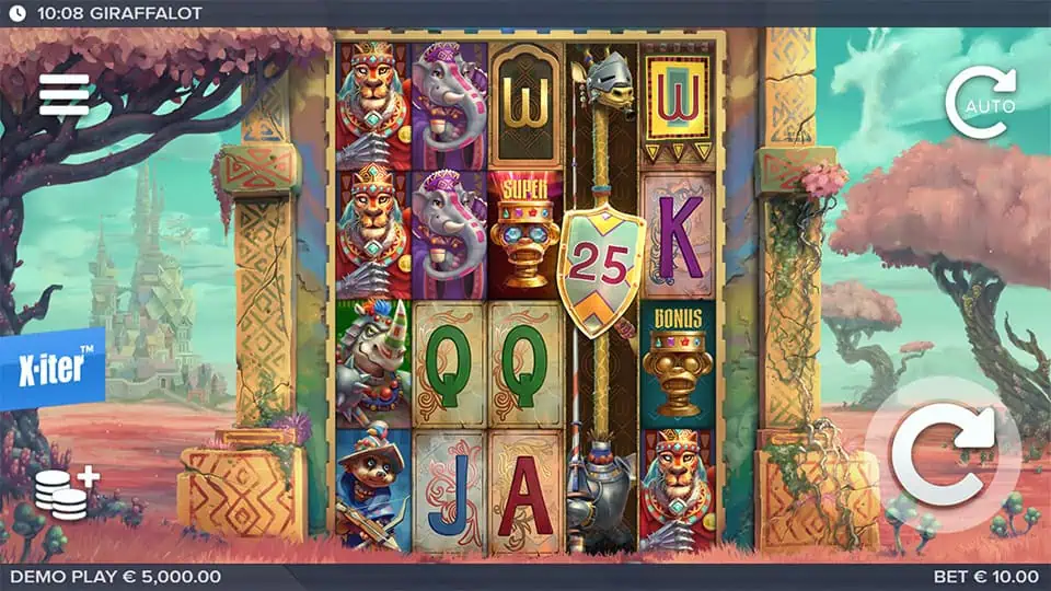 Giraffalot reels showing royal animals, elephants, and shield multipliers in fantasy landscape.