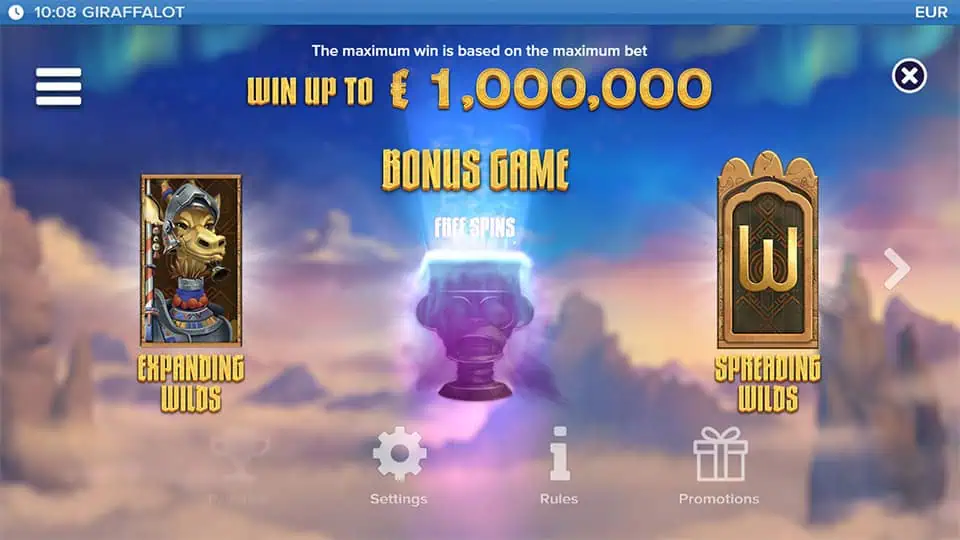 Giraffalot infos screen highlighting expanding wilds, spreading wilds, and free spins bonus.