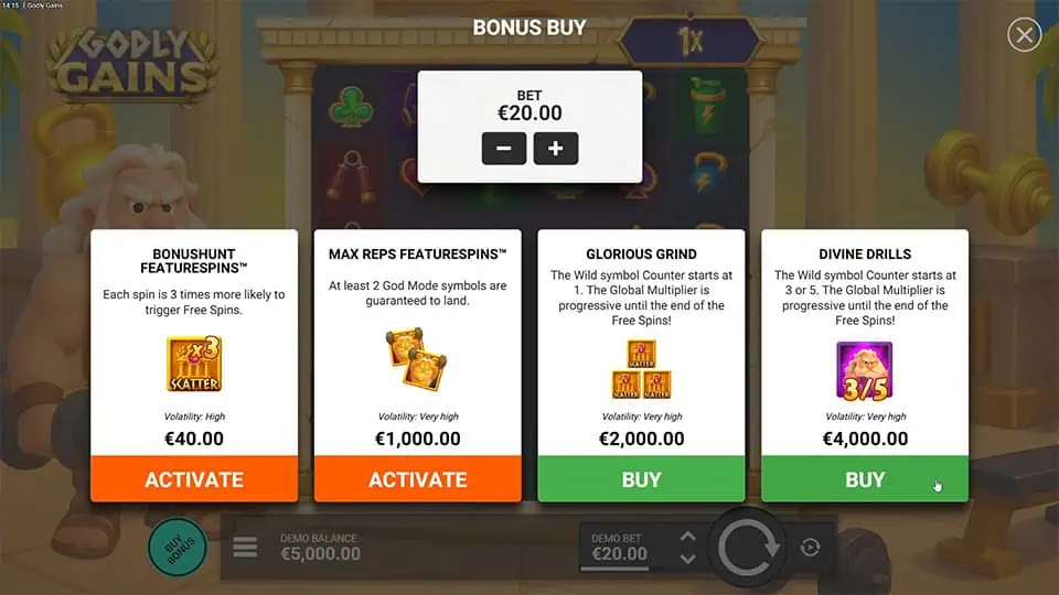 Godly Gains slot bonus buy screen offering Bonushunt, Max Reps, Glorious Grind, and Divine Drills free spin modes.