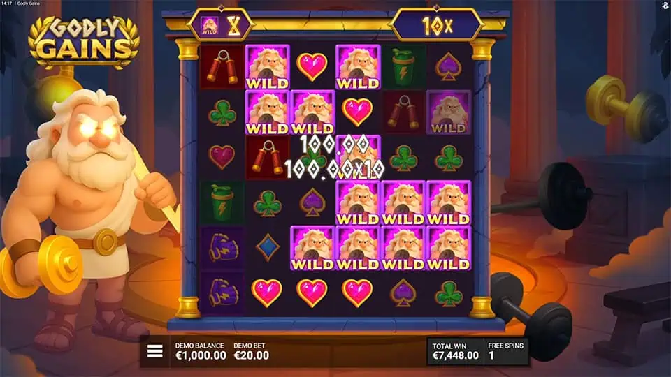 Godly Gains slot feature where multiple Zeus Wilds land on the grid, forming clusters during the God Mode activation.