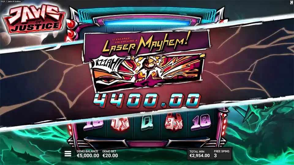 Laser Mayhem win screen in Jaws of Justice slot showing comic explosion panel and animated shark lasers.