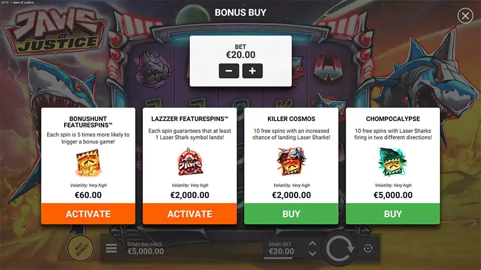 Jaws of Justice bonus buy menu offering FeatureSpins and enhanced Laser Shark options with different volatility levels.