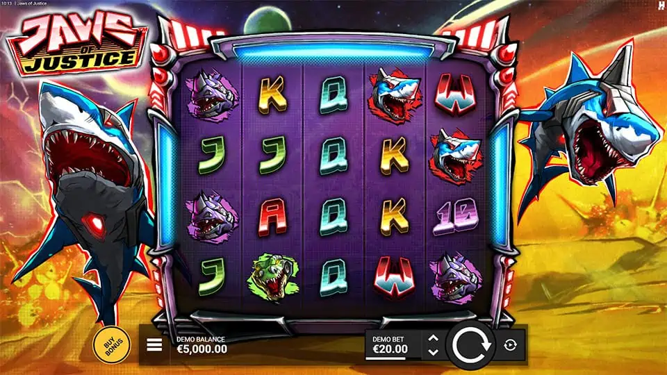 Jaws of Justice base game reels featuring robotic sharks, alien beasts, and neon card symbols.