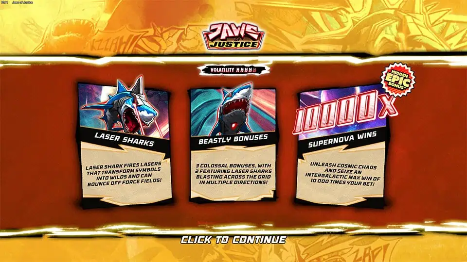 Jaws of Justice intro screen with feature cards explaining Laser Sharks, bonus rounds, and max win up to 10,000x.