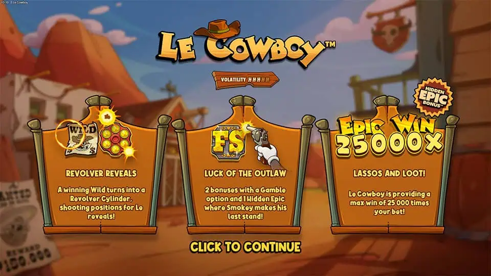 Le Cowboy slot intro screen featuring Revolver Reveals, Luck of the Outlaw free spins and max win up to 25,000x.