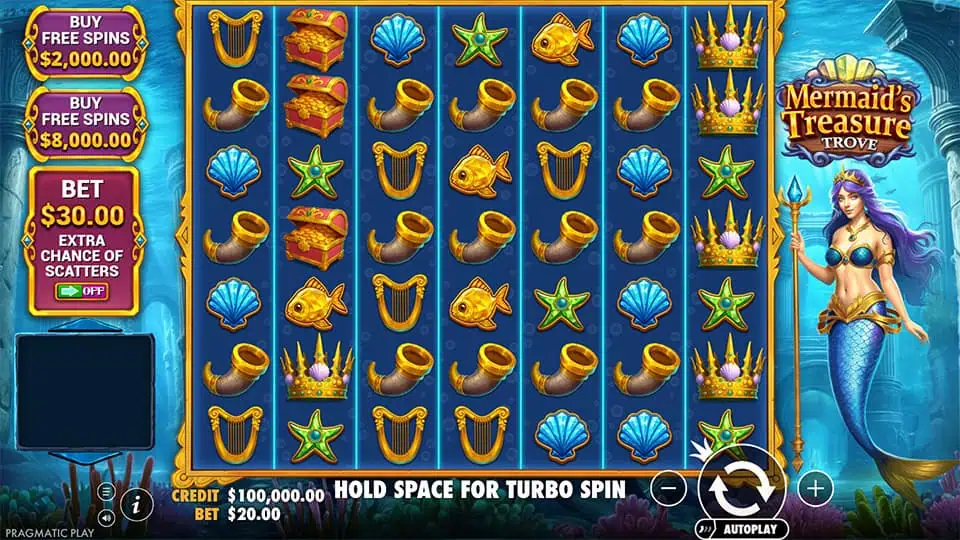 Main game screen with underwater backdrop, reels filled with seashells, crowns, golden fish, harps, and star symbols, alongside the mermaid character holding a trident.