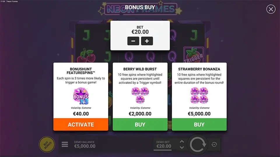 Bonus buy screen offering FeatureSpins, Berry Wild Burst, and Strawberry Bonanza modes.