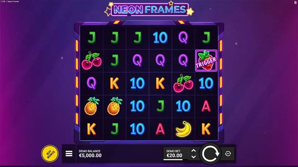 Reels showing neon fruit symbols, letters, and a highlighted Trigger square on a futuristic grid layout.