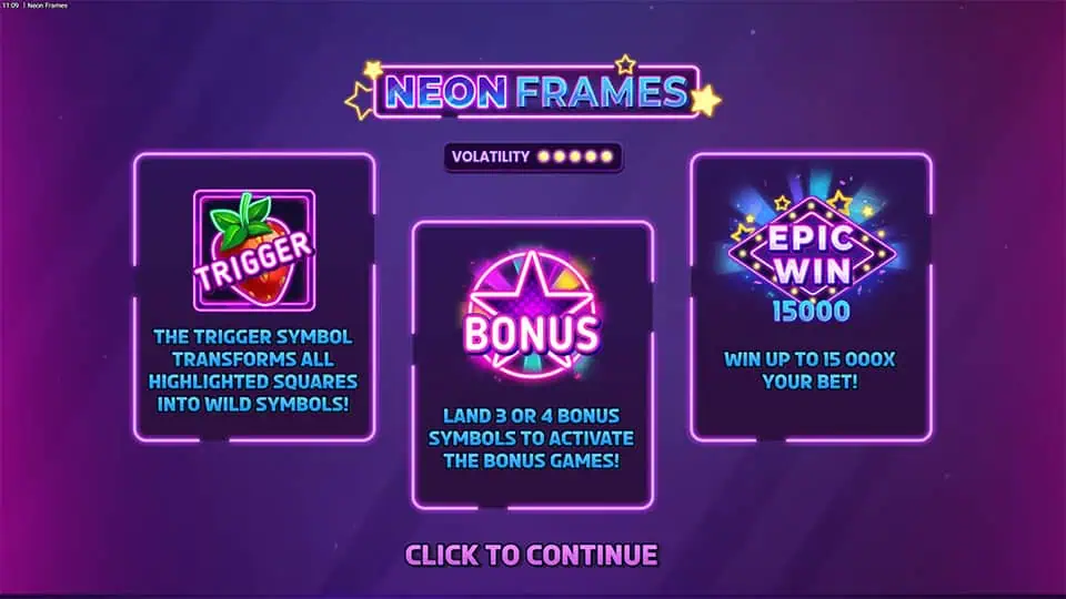 Neon Frames intro highlighting Trigger symbol, bonus feature, and max win up to 15,000x your bet.