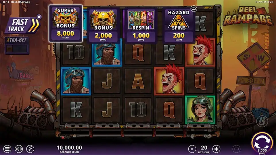 Fast Track feature menu showing buy options for Hazard Spins, Respins, Bonus, and Super Bonus with displayed costs.