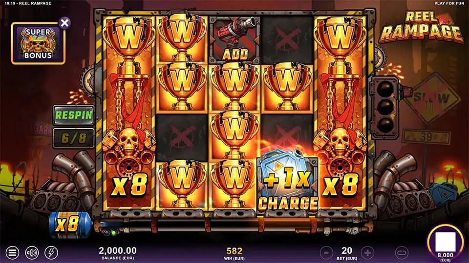 Gameplay during respins with trophy Wilds filling the reels, multipliers shown on the sides, and extra charge boosters.