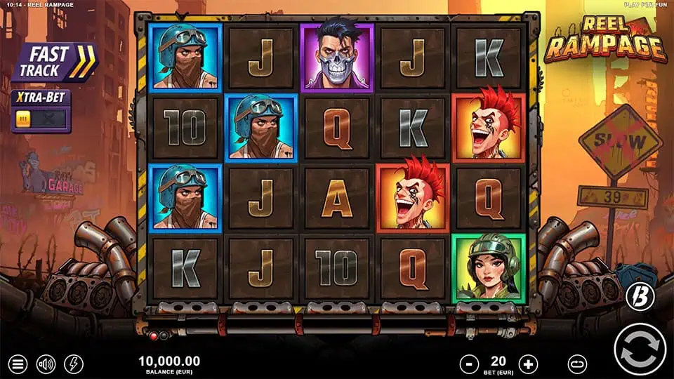 Base game reels with gritty street-gang characters, card symbols, and the Reel Rampage logo in a post-apocalyptic city setting.