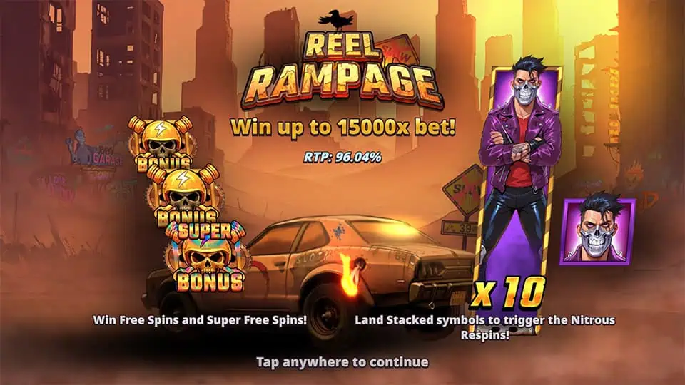 Intro screen with main villain character, Reel Rampage logo, bonus symbols, and features like Free Spins, Super Free Spins, and Nitrous Respins.
