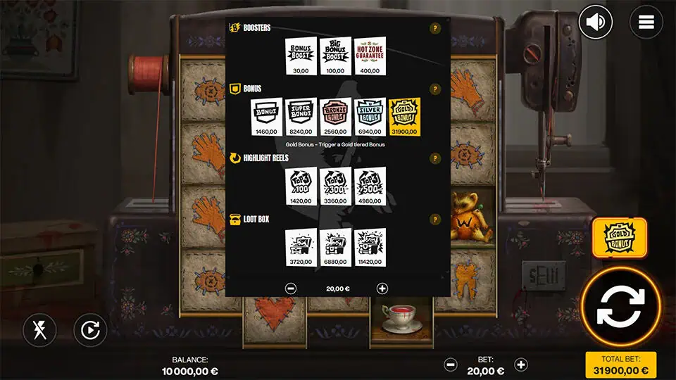 Sew slot bonus buy menu with options for boosters, super bonus, gold bonus, highlight reels, and loot box displayed over reel background.