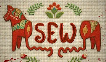 Sew slot logo stitched with red thread between two embroidered horses on a fabric background with floral patterns and blood spatters.